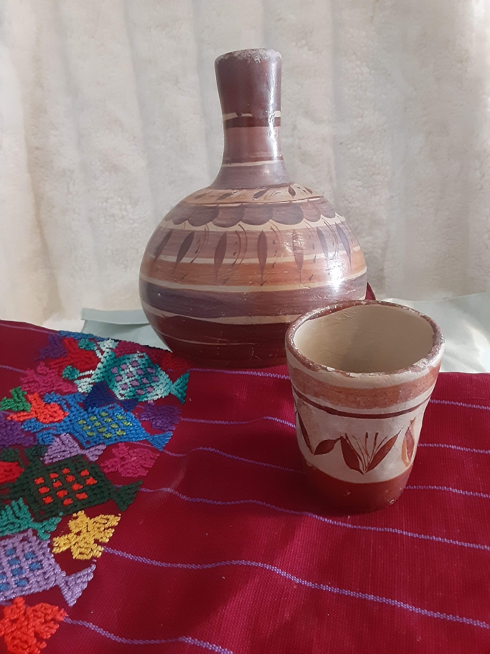 Mexican Hand-Painted Terracotta Bottle and Cup Set in Brown and Cream. Artisian